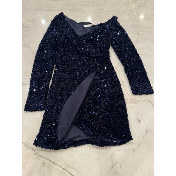 LUSH Blue Sequin One-Shoulder Bodycon Cocktail Dress Sparkly Party Mini Sz S - Picture 9 of 14